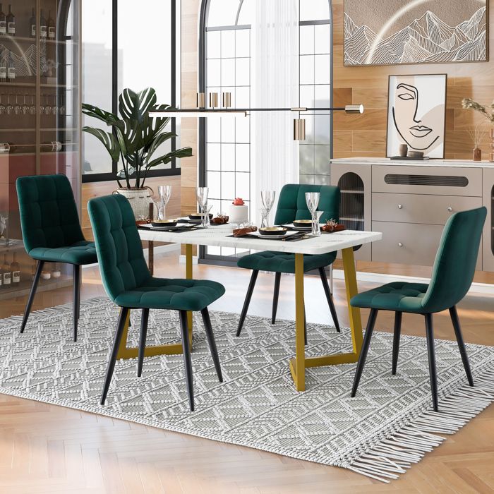 Ensemble table et chaises avec 1 Table Rectangulaire et 4 Chaises - BEAUNIV - Plateau Effet Marbre MDF et Velours - Vert