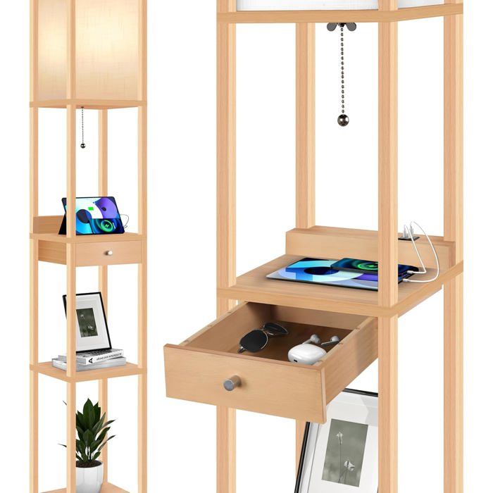Lampadaire Salon Avec Etagères Et Tiroir Dimmable 4 Températures De Couleur Réglable Minuterie 1H Lampadaire Led Avec 2 Conn[IN127]