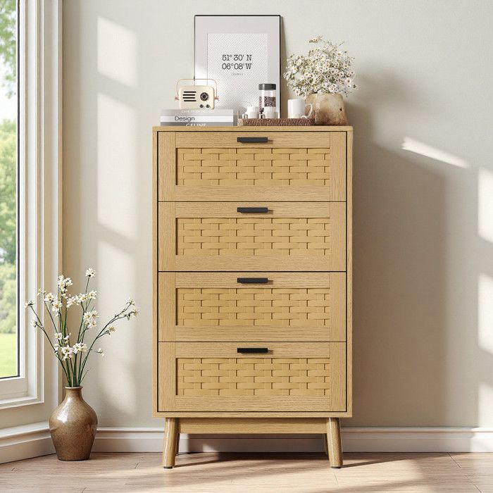 Commode rotin chêne 4 tiroirs 55x40x95cm meuble rangement PVC cannage poignées dorées/noir – Bahut salon chambre style naturel