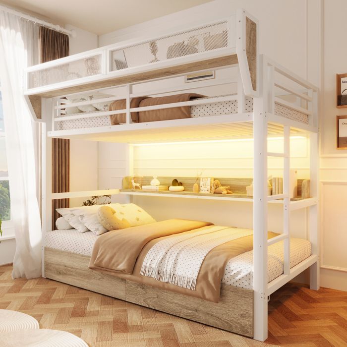 Lit superposé en fer 90 x 200 cm lit double pour enfants avec étagère panier de rangement 2 tiroirs en fer et lampe LED blanc