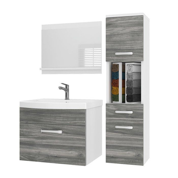 BELINI Meuble de Salle de Bain PRI M3 90 cm - Bois Glamour Mat - Meuble avec Vasque Céramique + Miroir avec Étagère - Suspendu