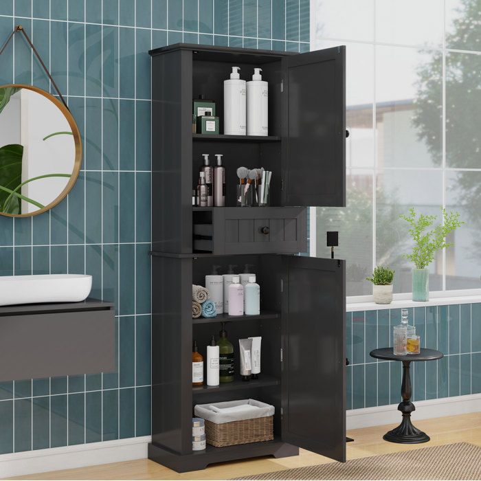 Armoire de salle de bain noire en MDF 56 x 28 x 167 3 cm 2 portes 1 tiroir étagères réglables