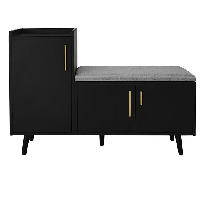 SENVIRO Banc à chaussures avec assise meuble à chaussures 3 portes 100 x 34 x 68 5 cm coussin en tissu coton lin noir et gris