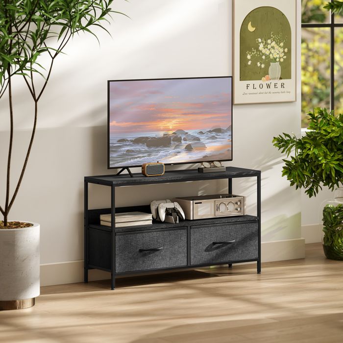MEUBLE TV - PAGE LIVING - Modèle industriel - 2 tiroirs pliables - Pieds réglables - Pour TV jusquà 47 pouces