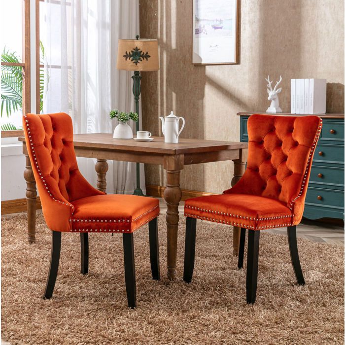 Lot de 2 chaises de salle à manger en velours orange 50 x 65 x 95 cm dossier haut capitonné bois massif