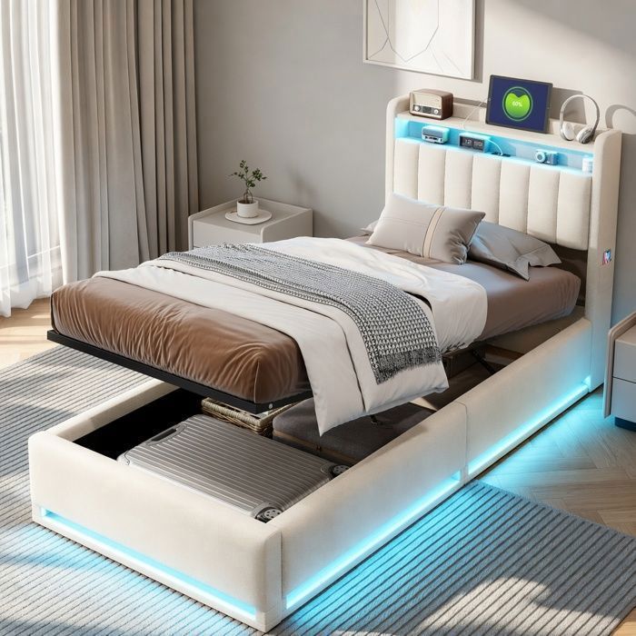 Lit simple coffre 90x200 avec sommier LED et USB Cadre de lit adulte 90x200 avec rangement hydraulique Velours Beige