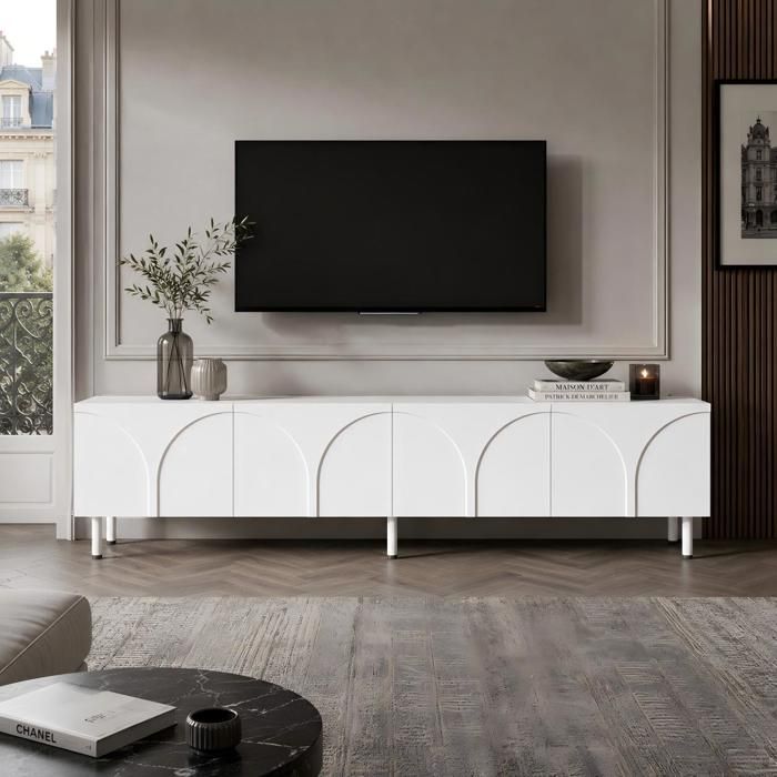 Meuble TV 180x35x49 cm COZHYESS Meuble TV Bas 4 Portes Façades Relief Ondulées 2 Rangements Pieds Métal Rangement Salon - Blanc