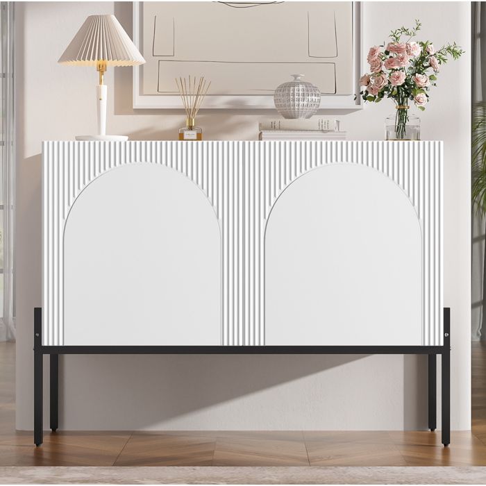 WOVREO Buffet bas 2 portes 100 x 40 x 75 cm design arche rainures verticales pieds en métal blanc