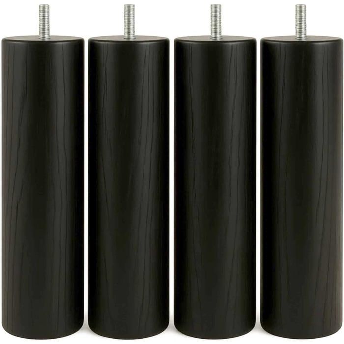 Lot de 4 Pieds de Lit à Visser 25 cm en Bois Hêtre - Pieds de Sommier Filetage M8 Finition Noire Robustes et Faciles à Monter