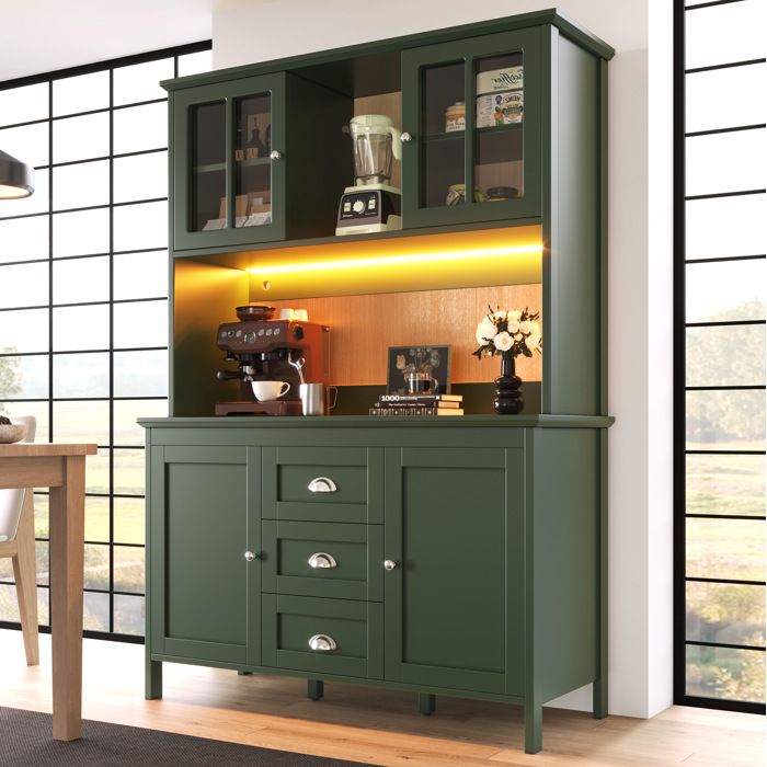 VUENOR Buffet de cuisine 120 x 40 x 179 cm vert avec LED portes vitrées brunes et 3 tiroirs