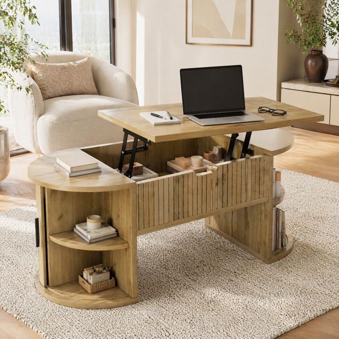 VUENOR Table basse relevable ovale aspect chene avec rangement et portes coulissantes