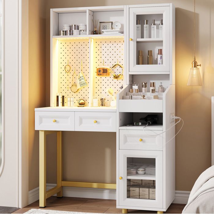 SENVIRO Coiffeuse bureau 2 en 1 sans miroir LED 3 tiroirs prises USB USB-C 100 x 45 x 156 cm blanc et or