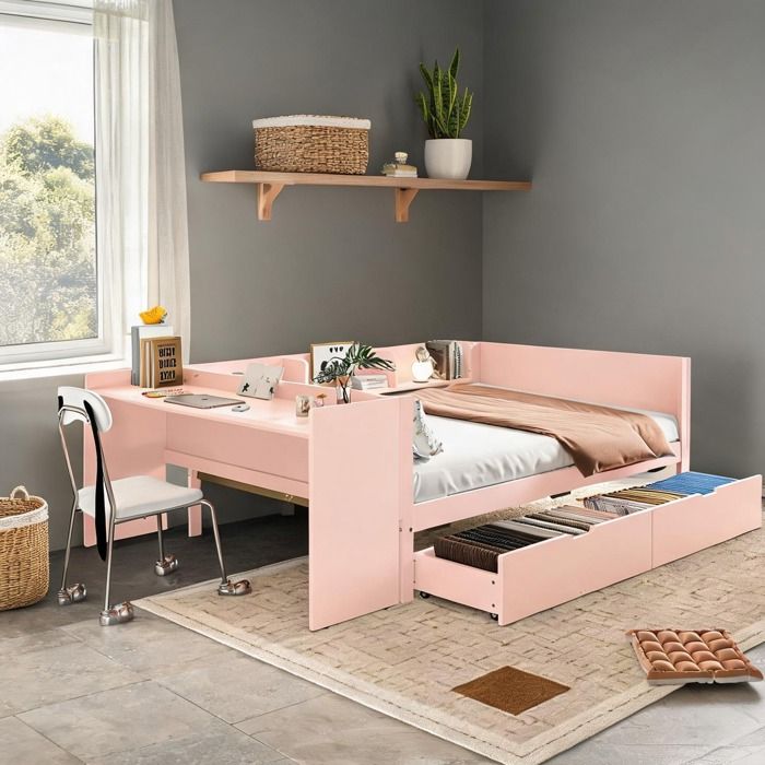 Lit mezzanine 140x200 cm en pin rose bureau intégré et 2 tiroirs 3 étagères