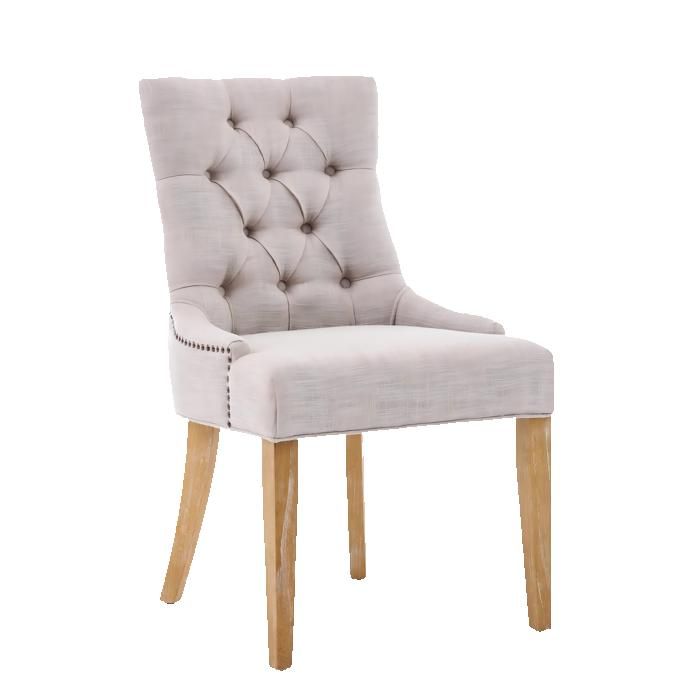 Chaise de salle à manger en tissu beige – dossier capitonné accoudoirs pieds en bois de chêne – lot de 2