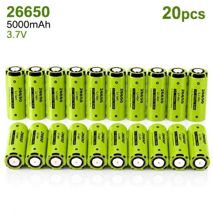 Batterie Li-ion rechargeable 26650 3 7 V 5000mAh Lot de 20 pièces pour lampe torche et ventilateur
