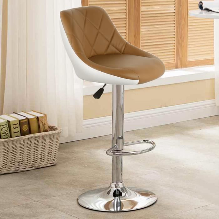 Lot de 2 Tabourets de Bar Vintage en Simili cuir PU et Métal - Hauteur Réglable - Brun clair/Blanc