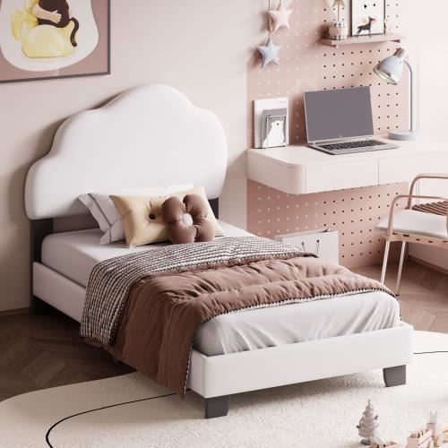 lit d'enfant lit rembourré 90 * 200cm, cadre à lattes avec dossier en forme de nuage garçon et fille lit, blanc (matelas non inclus)
