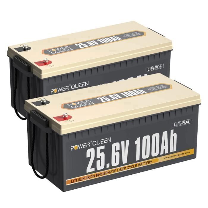 Power Queen Batterie Lithium LiFePO4 24V 100Ah 2560Wh pour Camping-car Caravane Voyage Marine Système Solaire- Paquet 2
