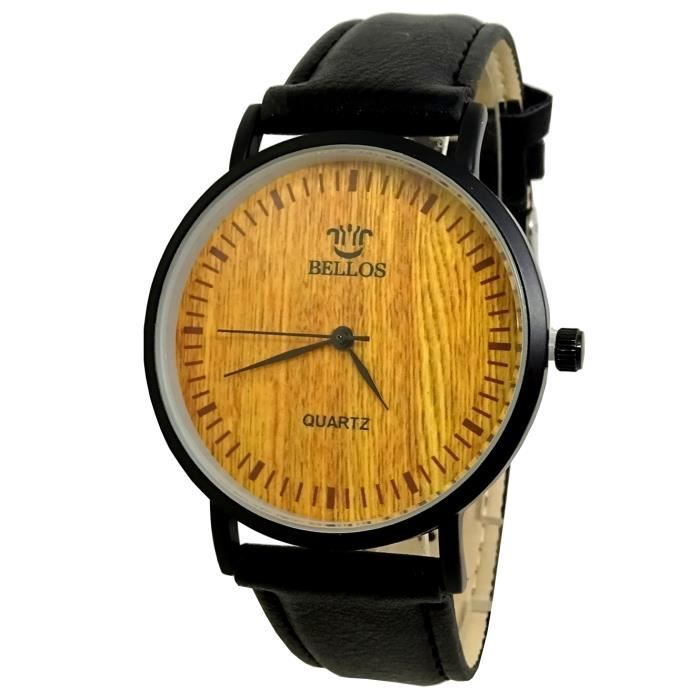 MONTRE HOMME FEMME CUIR NOIR FOND BOIS BRUT BAMBOU FUN VINTAGE