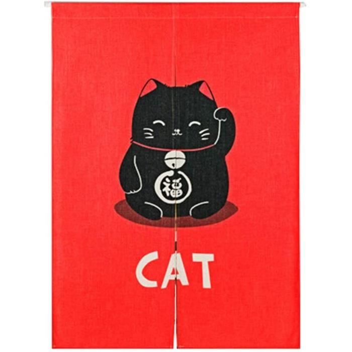 Rideau De Porte Noren Japonais - Motif Chat Mignon Et Coquin - Tissu Polyester Rouge - Fabriqué Au Japon