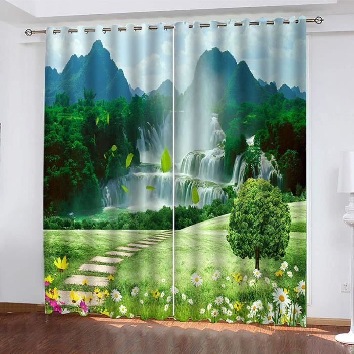 Rideaux Voilages Semi-occultants Imprimés Branche De Pin - 2 Panneaux 132x160 Cm - Passe Tringle - Polyester - Salon/Chambre
