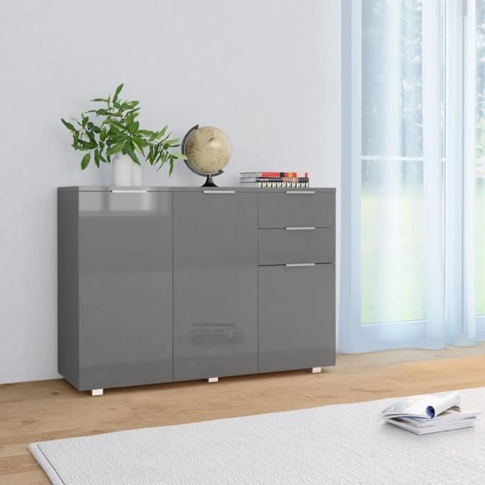 Buffet bas - Meuble de Rangement contemporain scandinave - Gris brillant - 2 tiroirs et 3 portes