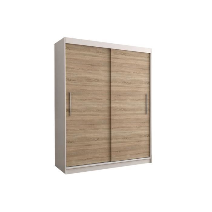 Armoire de chambre avec 2 portes coulissantes - tringle et étagères - Style contemporain -Blanc+Sonoma - L 150 cm - LARA 04