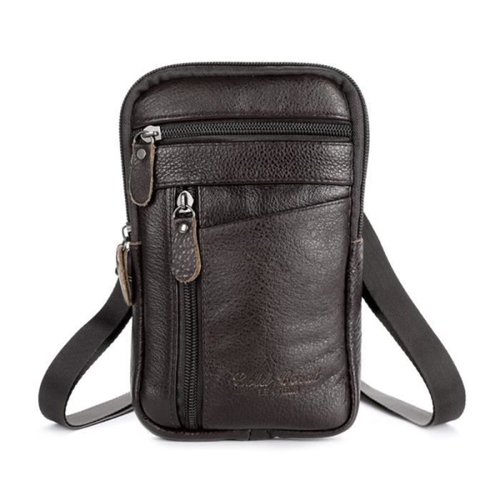 Sac Banane Homme En Cuir Véritable - Taille Moyenne, Marron, Multi-poches, étiquettes