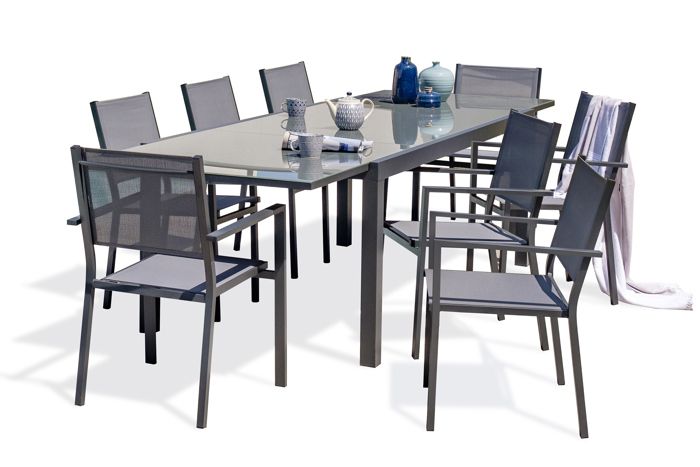 Lot composé d'un table de jardin TOLEDE-TB300-NOIR avec rallonge et 8 fauteuils TOLEDE-FT empilables