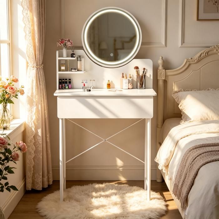 FLASIDU - Ensemble coiffeuse -Table de maquillage - lumière LED 3 couleurs - blanc - 60*40*126cm -1 tiroir -avec 2 étagères ouvertes