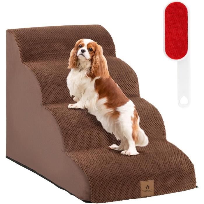 Meilleurs prix pour GOPLUS Escalier pour Animaux 4 Marches avec Fond Antidérapant, 72x41x51 CM, Échelle pour Chien avec Brosse, Housse Amovible, Marron