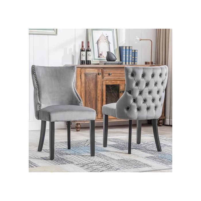 Lot de 2 Chaises Capitonnées Gris en Velours - Style Classique & Design - Pieds en Bois - Chaises de Salle à Manger Salon