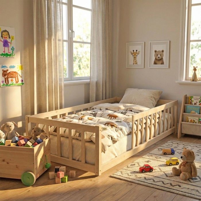 Lit NINO 90x190 + 1 sommier + barrière / Bois clair