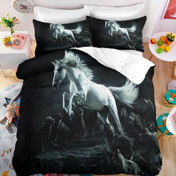 YSWFGE Housse de Couette Cheval 140x200 cm 1 Personne Parure Lit 3 pièces Animal Literie 3D HD Impression Microfibre avec Fermeture éclair Hiver pour Enfant et Adolescent, 140x200cm