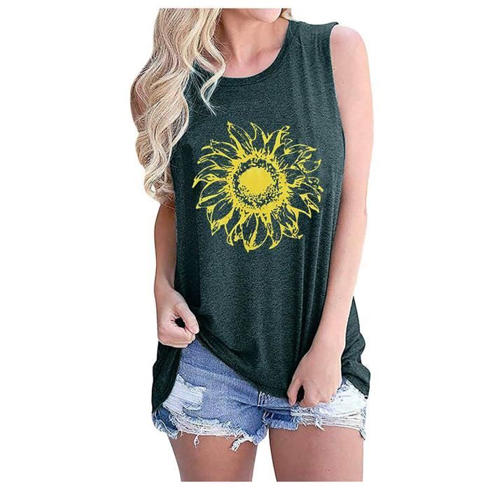 T-Shirt Femme Tournesol Manches Courtes - Coton Décontracté Col Rond - Taille S à 3XL