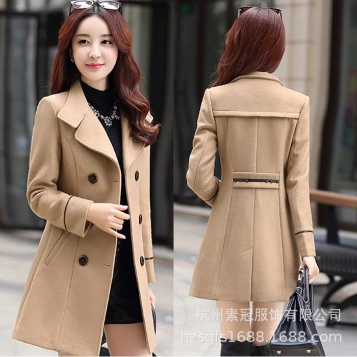 Manteau Manteau en laine pour femme manteau croise mi long pour femme manteau en laine a revers a la mode nouvelle Type Kaki Blanc Cdiscount Pret a Porter