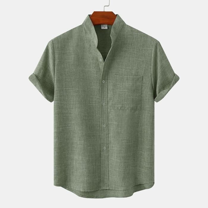 Chemise Homme Ete en Coton Lin Respirante Manches Courtes Confort Regular  INSFITY Vert clair Vert