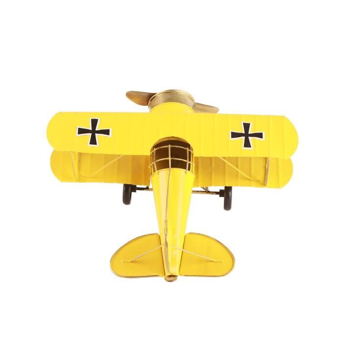 Avion en tôle Oldtimer - Machine d'hélice à double plan - Jaune - Nostalgie - Décoration rétro - Modèle d'avion - Modèle de style shabby vintage