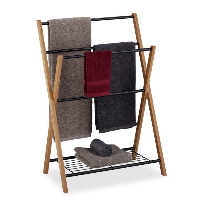 Relaxdays Porte-serviettes Support serviettes de bain 4 barres bambou rangement 87 x 60 5 x 37 5 cm noir nature