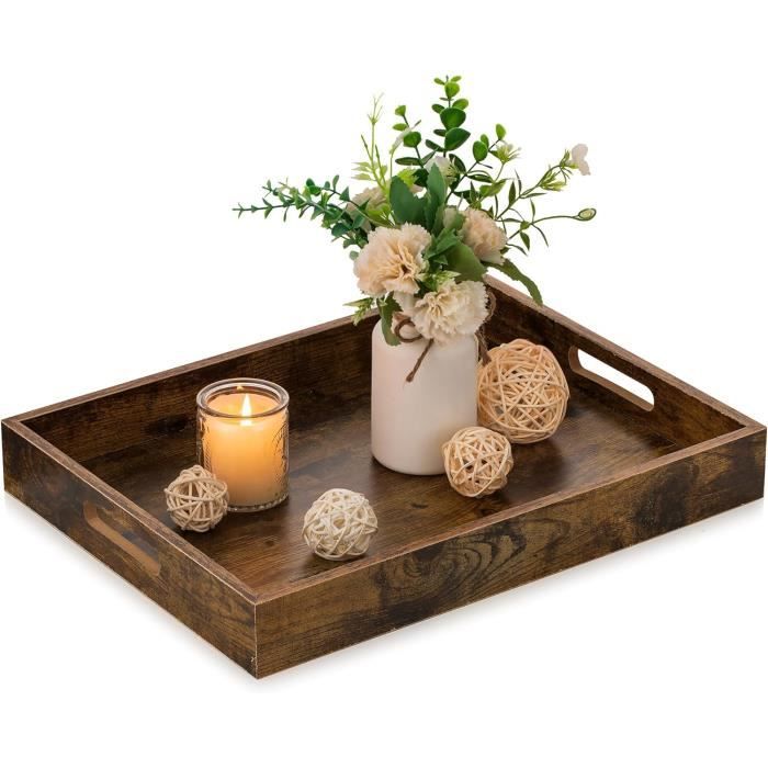 Plateau De Service Rond En Bois MDF Vintage - Diamètre 45 Cm, Finition Marron Métallisé, Pour Table Basse