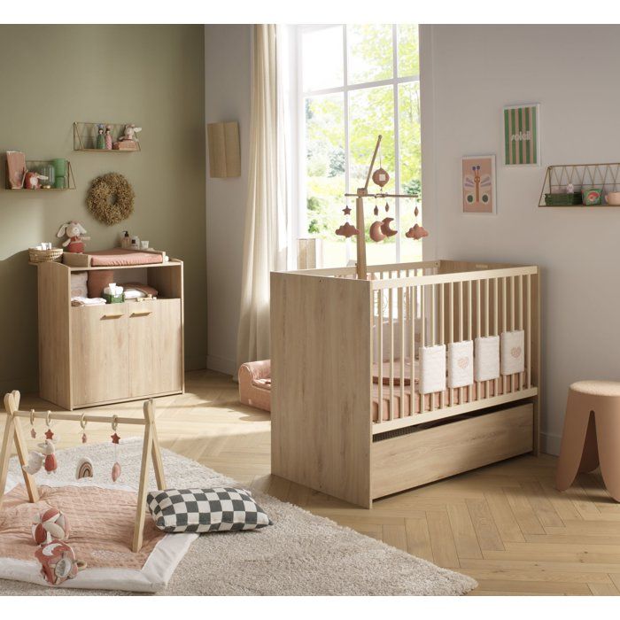 Chambre bébé duo - Lit 120 x 60 cm + Commode 2 portes et une niche - Adele - Hêtre/crème- SAUTHON