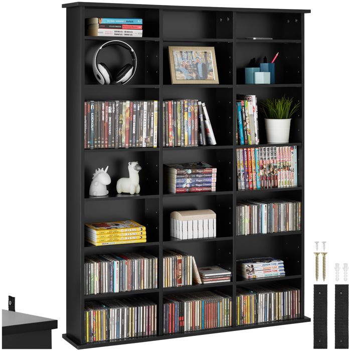 Bibliothèque - TECTAKE - Bibliothèque STEVIE pour CD DVD ou livres avec 21 étagères réglables 1055 x 19 x 1365 cm - Noir