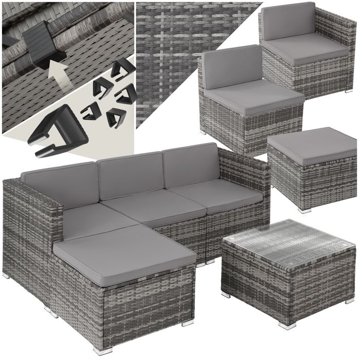 Salon en rotin - TECTAKE - mobilier tressé - lignano configurable tressage robuste en poly-rotin acier revêtu - gris