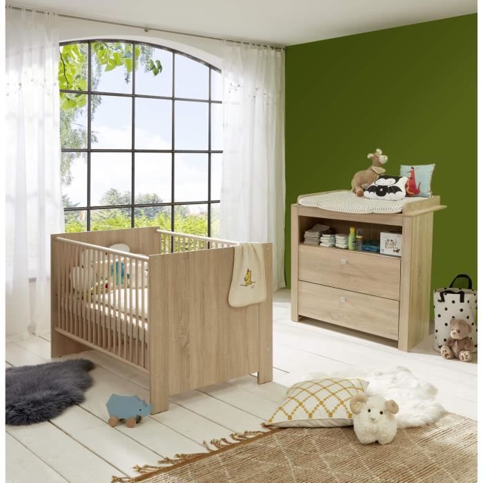 Chambre bébé Duo : Lit 70 x 140 cm + Commode à langer OLIVIA - Chêne - TREND TEAM