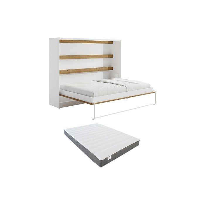 Lit escamotable 140 x 200 cm - Ouverture horizontale manuelle - Blanc et naturel + Matelas - RAPILI Lit escamotable 140 x 200 cm - Ouverture horizontale manuelle - Blanc et naturel + Matelas - RAPILI