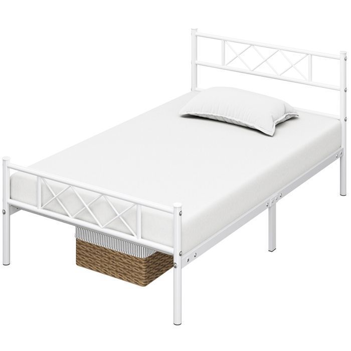 Cadre de Lit avec Sommier à Lattes en Métal - 90 x 190 cm - Tête de Lit à Motifs Croisés - Chambre/Dortoir - Yaheetech Cadre de Lit avec Sommier à Lattes en Métal - 90 x 190 cm - Tête de Lit à Motifs Croisés - Chambre/Dortoir - Yaheetech