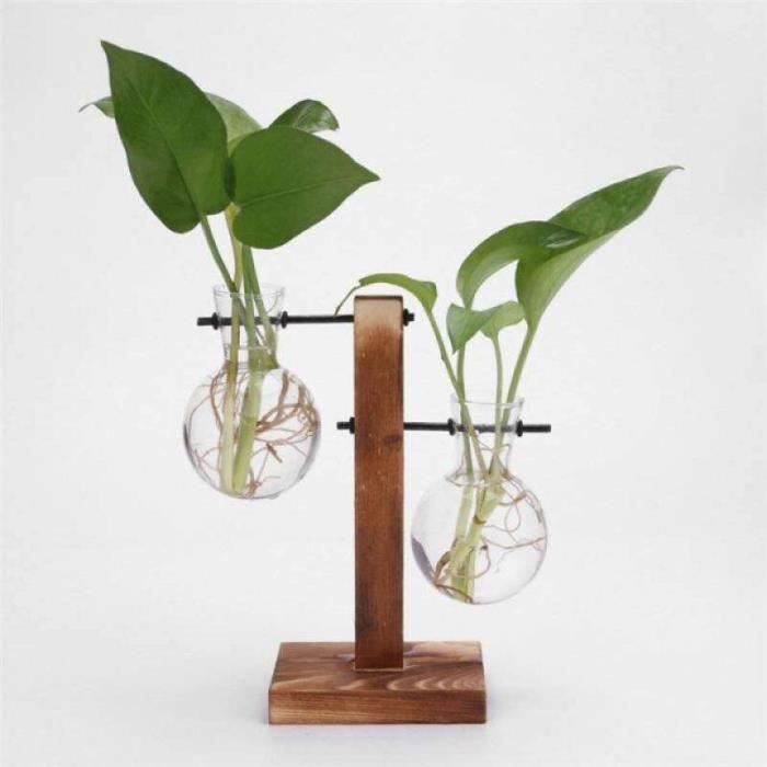 Lot De 2 Vases Hydroponiques Verre + Bouchon Liège & Base Bambou – Mini Terrarium Propagation Plantes, Décoration Épurée