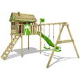 FATMOOSE Aire de jeux Portique bois FunFactory avec balançoire et toboggan vert Maison enfant sur pilotis avec échelle d'escalade-1