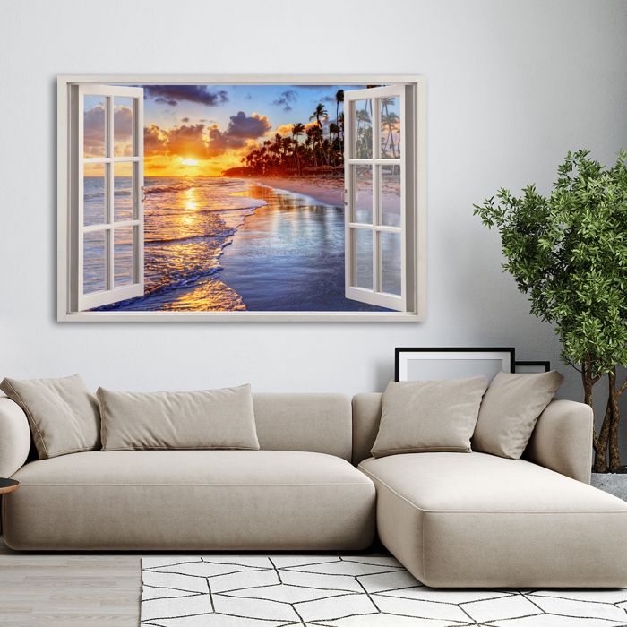 Tableau sur toile Fenêtre Mer coucher de soleil tableau sur toile ...
