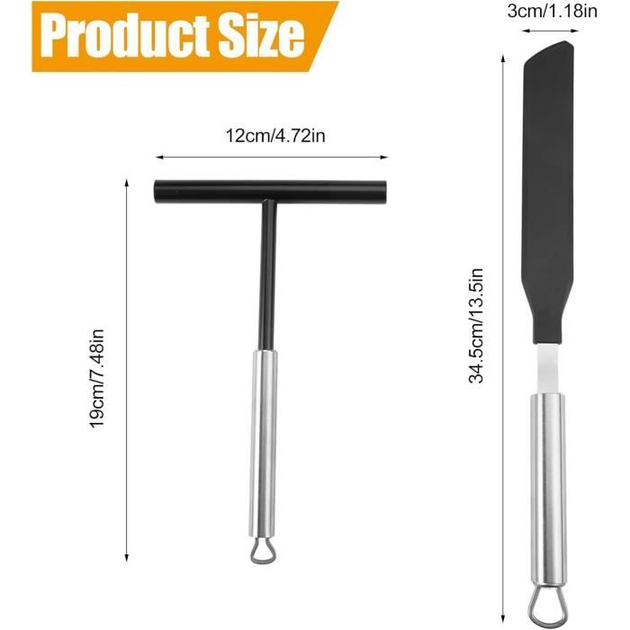Kit Rateau à Crêpes 2 Pièces En Acier Inoxydable : Répartiteur De Pâte, Spatule, Brosse Silicone + 2 Crochets Pour Crêpes Parfaites